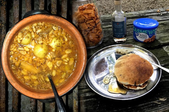 Outdoor soup and sandwich