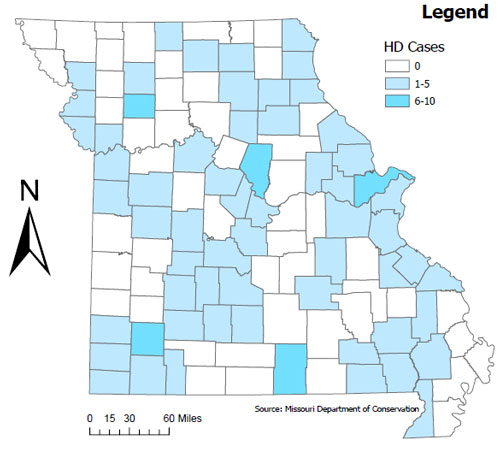 Missouri map showing hemorrhagic disease cases in 2025. 