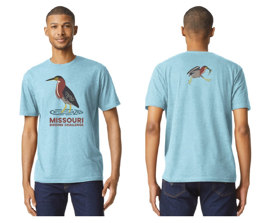 Missouri birding challenge t-shrit with wading crane on front and leaping crane on back.