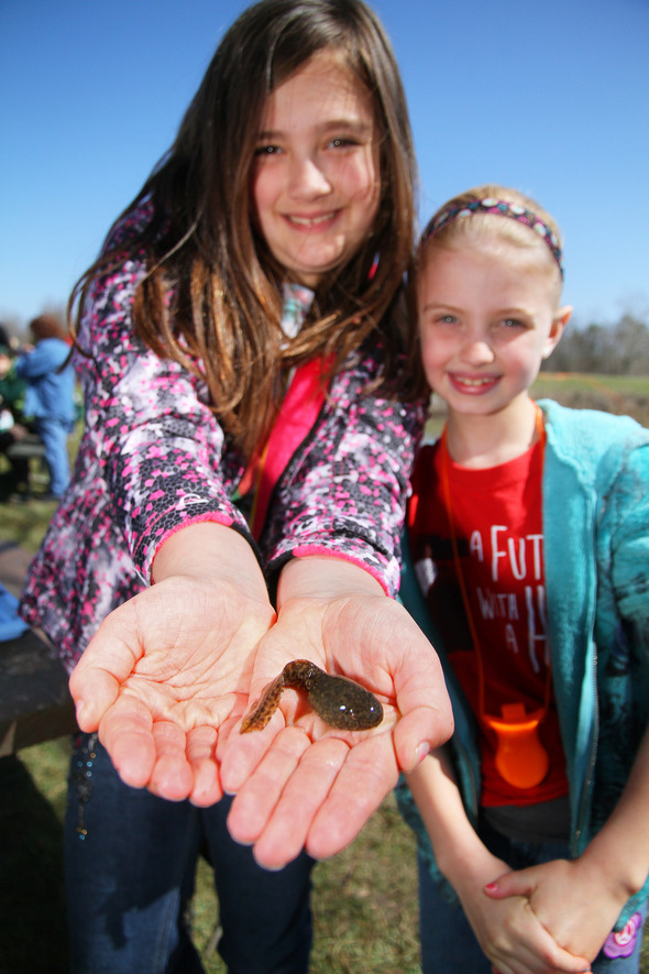 girl holding tadpole